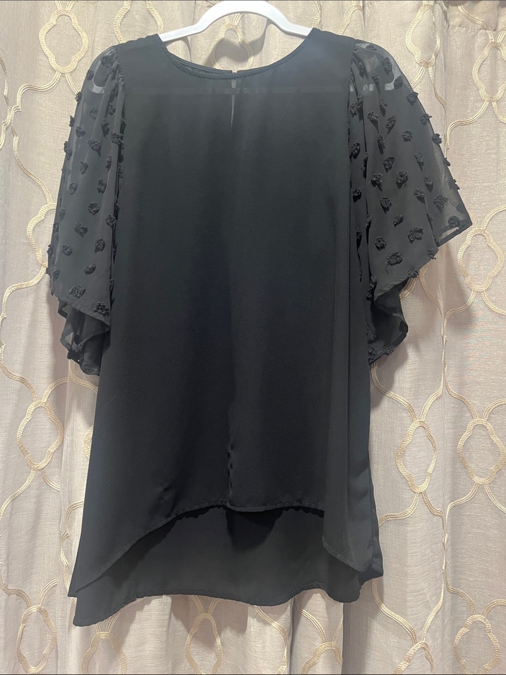 Black Flutter Sleeve Blouse with Textured Dot Sleeves - Brand Not Visible